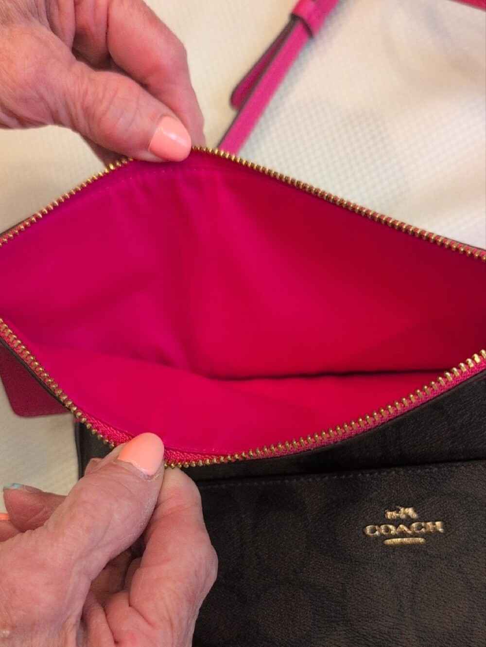 COACH Brown Signature East/West Pop Crossbody with Pink Trim and Strap - Picture 3 of 7
